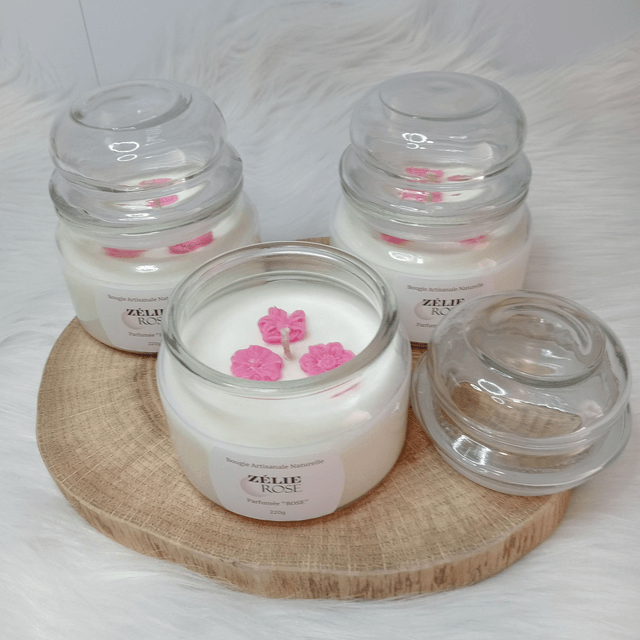 Bougie Artisanale Naturelle Parfumée "ROSE" 220g